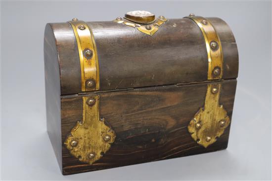 A Victorian brass bound coromandel wood stationery casket, with cameo mounts, height 17.5cm